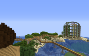 A Minecraft screenshot with several buildings on a sandy island. The nearer buildings are one storey tall, built out of wood, with a leaf roof. Further back is a round multistorey building out of glass and concrete, with vines growing over it. Both buildings are quite airy. A railway runs through the nearer building.