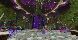 Minecraft players in the main Nether Transport Network hub. They are standing around the tall Nether portal, with a tall, grand ceiling and a grey mosaic floor. High above on the top of the ceiling is a recreation of the Dogcraft cog logo in the color scheme of the Genderqueer pride flag.