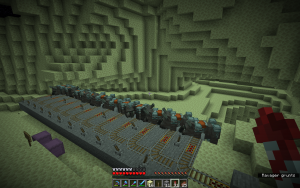 A Minecraft screenshot, showing a dozen ravagers in minecarts on a rail system on an end island