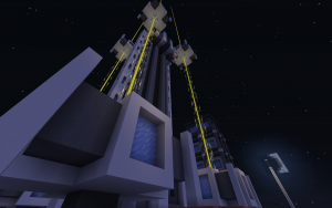 A Minecraft screenshot showing a tall concrete tower, with yellow beacon beams surrounded by scattered glass panes and end-rods