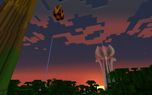 A Minecraft screenshot taken at dawn, showing a giant flower rising over a jungle biome