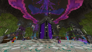 Minecraft players in the main Nether Transport Network hub. They are standing around the tall Nether portal, with a tall, grand ceiling and a grey mosaic floor. High above on the top of the ceiling is a recreation of the Dogcraft cog logo in the color scheme of the Bisexual pride flag.